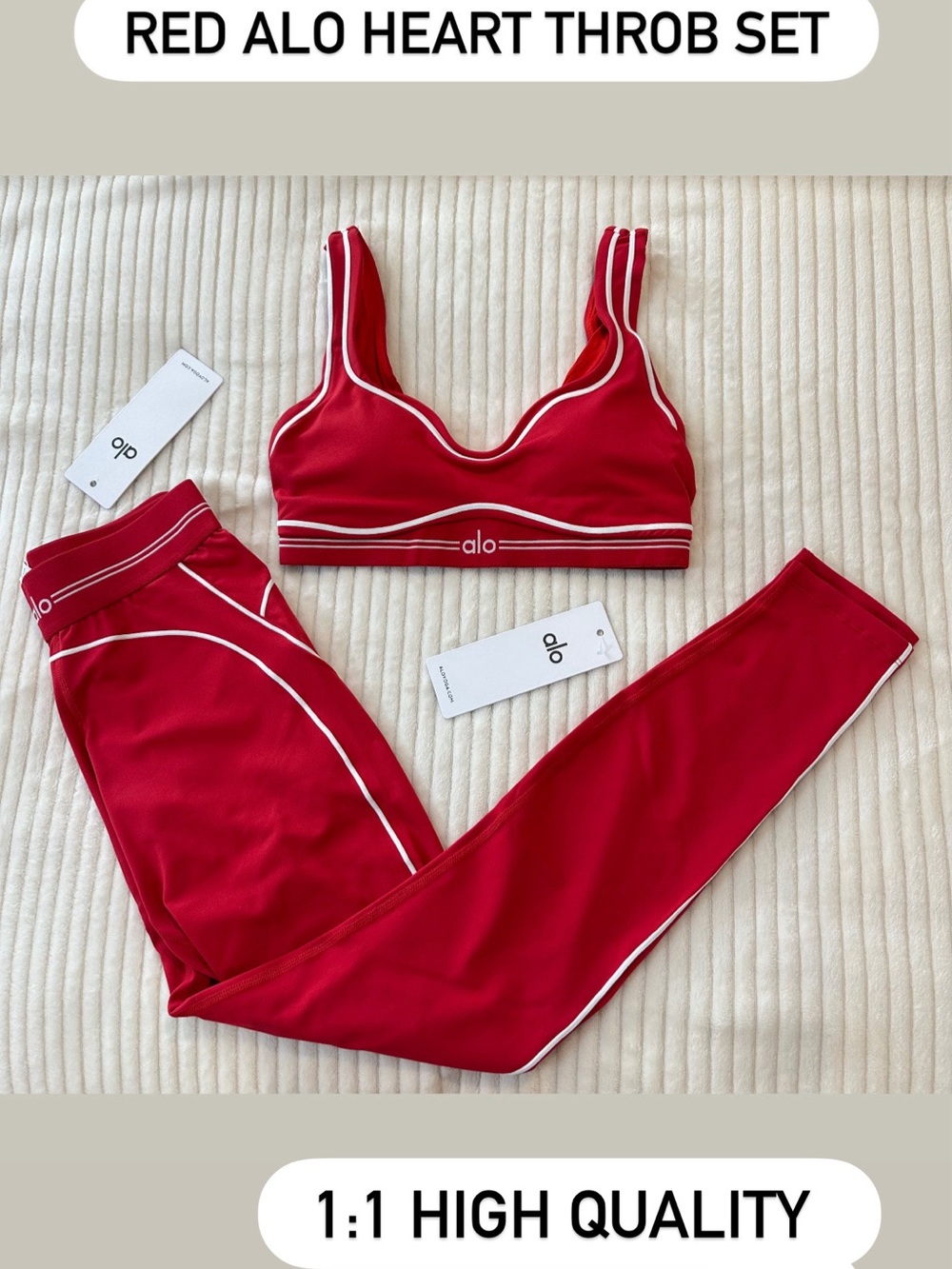 ALO Yoga Red Heart Throb Sports Bra and Leggings Set